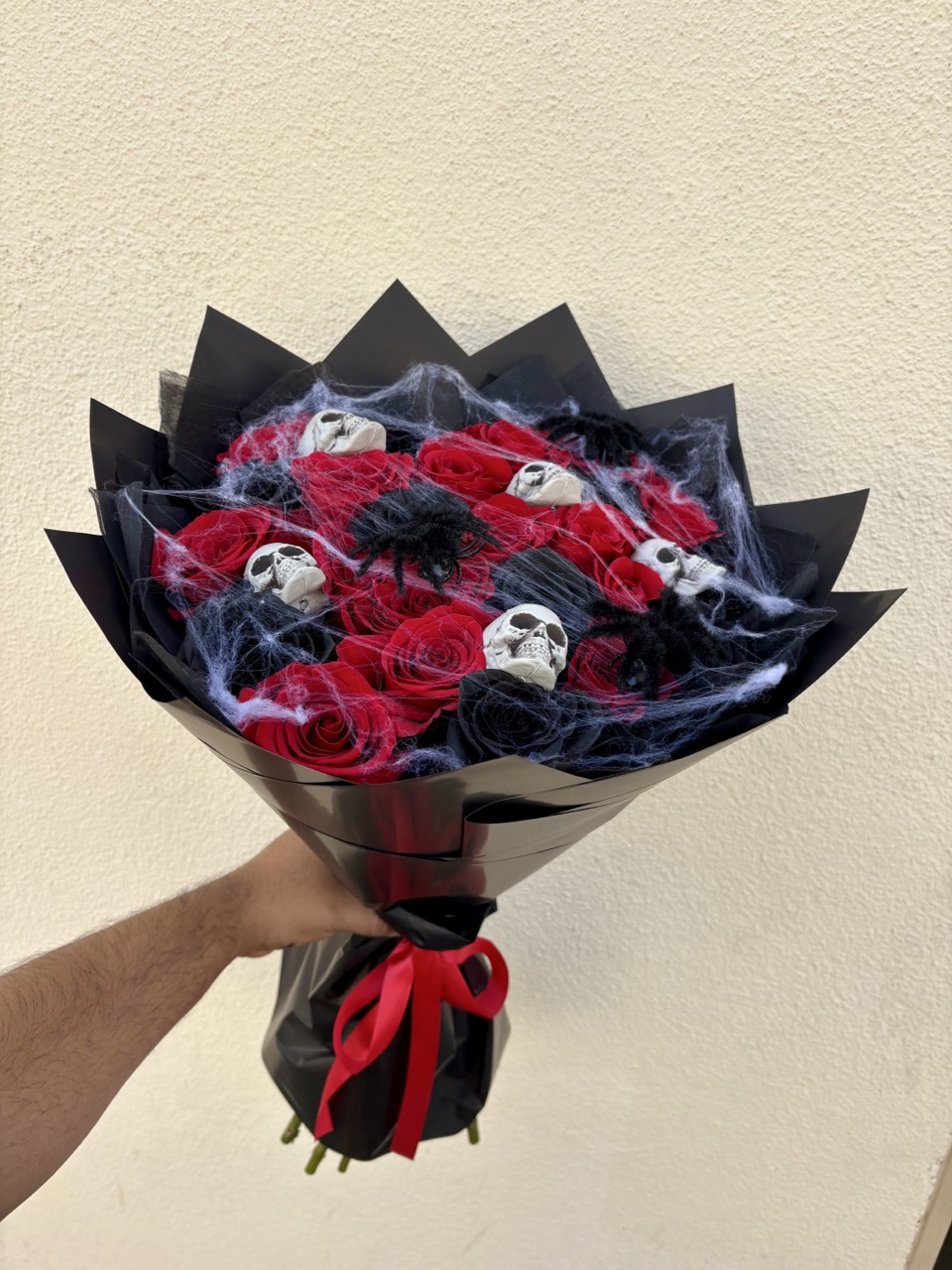 Gothic Love 💀 – 25 Premium Long Stem Red And Black Roses, Skulls, Spiders & Spider Webs Wrapped With Black Korean Wrapping Paper 🕷️