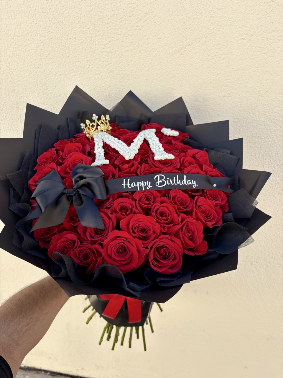 50 Red Roses 🥀 – Luxury Bouquet, Small Crown, Custom Ribbon, Your Choice Of Gypsophila Letter, PLEASE Write The Letter You Chose On Notes At Check out ♥️