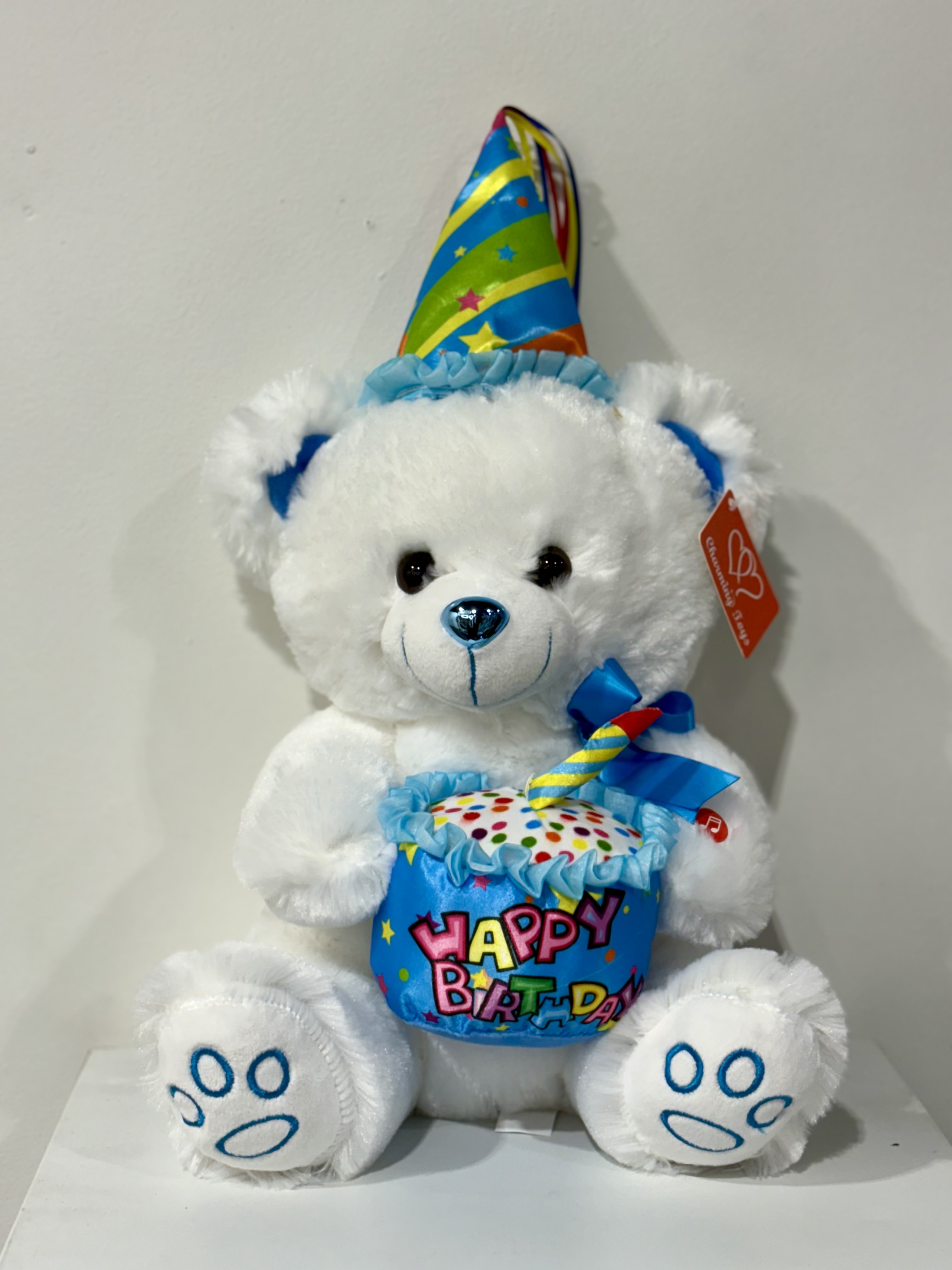 12" inch White Birthday Bear – Teddy Bear sing Happy Birthday at the press of a button!